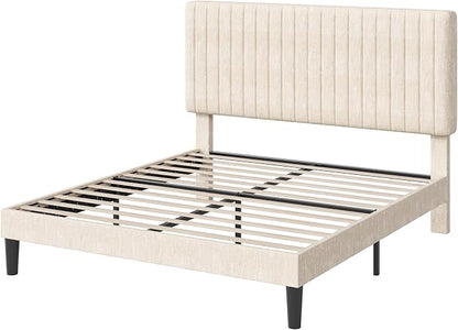 Allewie Full Bed Frame, Upholstered Platform Bed with Adjustable Vertical Channel Tufted Headboard, Mattress Foundation with Strong Wooden Slats, Box Spring Optional, Easy Assembly, Chenille White