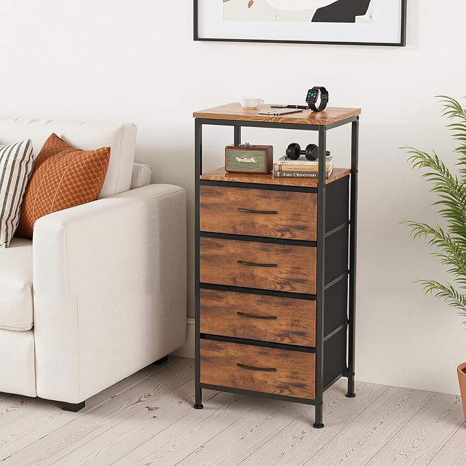 Sweetcrispy Nightstand with Charging Station, Bedside End Table with 4 Fabric Drawers, USB & Type-C Ports with AC Outlets, Adjustable Feet & Dimmable LED Light Strip, Modern Bedroom Furniture, Brown