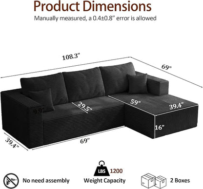108" Modular Sectional Sofa, L-Shaped Cloud Couch with Deep Seats & Chaise, Convertible 4-in-1 Corduroy Boneless Couches for Living Room, Bedroom, No Need Assembly,Black(Right Facing Chaise)