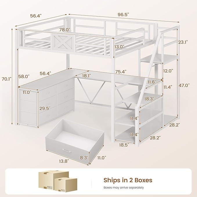Itaar Full Size Loft Bed with Desk and Storage Stairs, Metal Loft Bed with 6 Storage Drawers, Hall Tree, LED Lights and Power Outlet, for Kids, Teens, Adults, (White, Full)