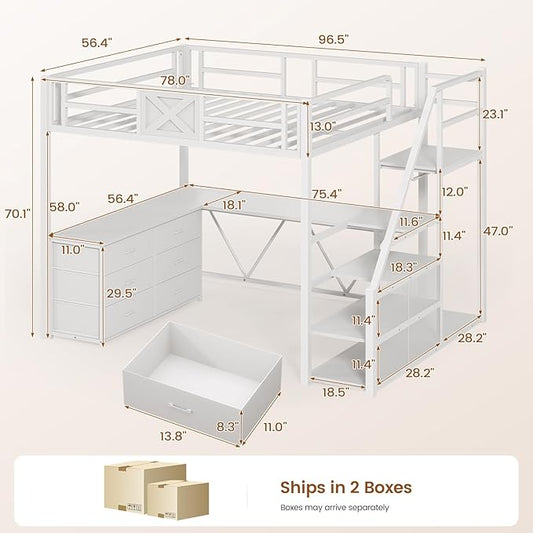 Itaar Full Size Loft Bed with Desk and Storage Stairs, Metal Loft Bed with 6 Storage Drawers, Hall Tree, LED Lights and Power Outlet, for Kids, Teens, Adults, (White, Full)