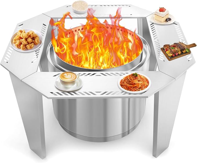 Uniflasy Fire Pit Surround Table for Solo Stove Yukon– Adjustable 41"/48" Stainless Steel Tabletop with Safety Barrier, Fits Yukon, Bonfire, Ranger, Tiki, Outdoor Table for Smokeless Fire Pit