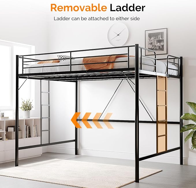 VINGLI Queen Loft Bed with Flat Rungs for Adults, Kids and Young Teens, No Box Spring Required,Heavy Duty Metal Slat Support, White