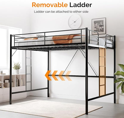 VINGLI Queen Loft Bed with Flat Rungs for Adults, Kids and Young Teens, No Box Spring Required,Heavy Duty Metal Slat Support, Orange