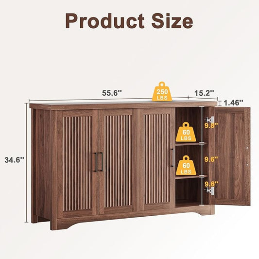 Memobarco Fluted Buffet Cabinet with Storage Accent Sideboard,Modern Credenza with 4 Doors & Adjustable Shelves,Wood Coffee Bar Table Console for Dining Room Kitchen Living Room Entryway, Walnut
