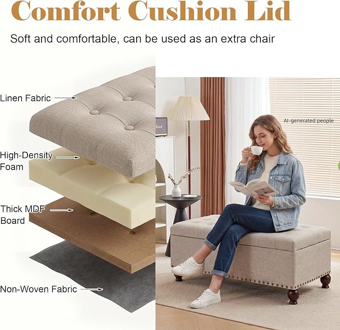 Asense 40" Storage Ottoman Bench, Faux Leather Tufted Upholstered End of Bed Bench with Safety Hinge for Bedroom,Entryway,Living Room,Light Gray