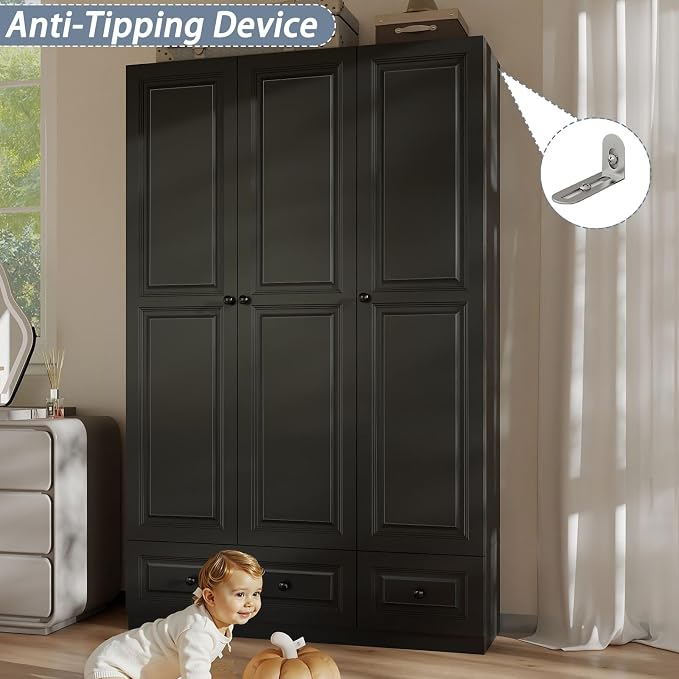 Armoire Wardrobe Closet with Drawers: 74" Black Tall Wardrobe Cabinet with Hanging Rod, Wooden Closet with 3 Doors and 2 Drawers, Modern Bedroom Armoires