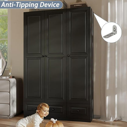 Armoire Wardrobe Closet with Drawers: 74" Black Tall Wardrobe Cabinet with Hanging Rod, Wooden Closet with 3 Doors and 2 Drawers, Modern Bedroom Armoires