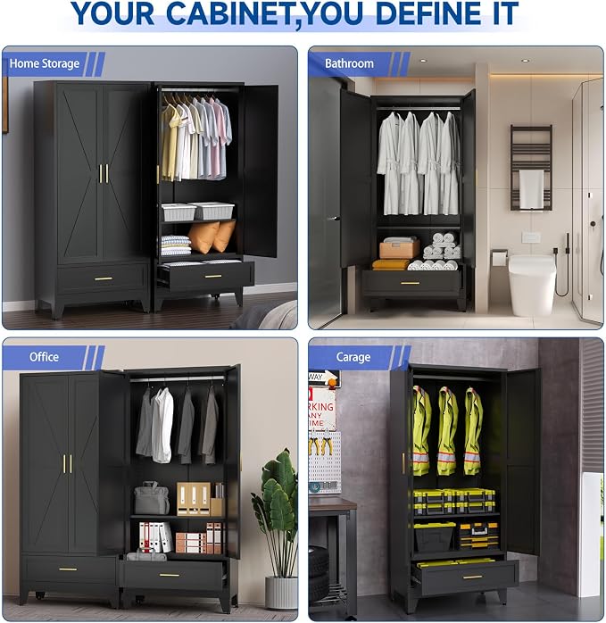 Steel Armoire Wardrobe Closet, 71" Metal Clothing Storage Cabinets with 2 Doors, 1 Drawer and Adjustable Shelves, Black Wardrobe Cabinet with Hanging Rod for Bedroom, Gym