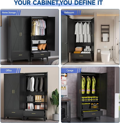 Steel Armoire Wardrobe Closet, 71" Metal Clothing Storage Cabinets with 2 Doors, 1 Drawer and Adjustable Shelves, Black Wardrobe Cabinet with Hanging Rod for Bedroom, Gym