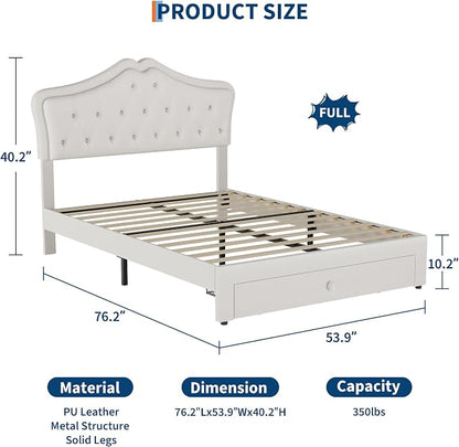 Garvee Full Size Bed Frame with LED Lights & Velvet Crystal Button Headboard, Upholstered Boy/Girl Platform Bed with Storage Drawer, Noise Free, No Box Spring Needed for Kids, Teens, Beige