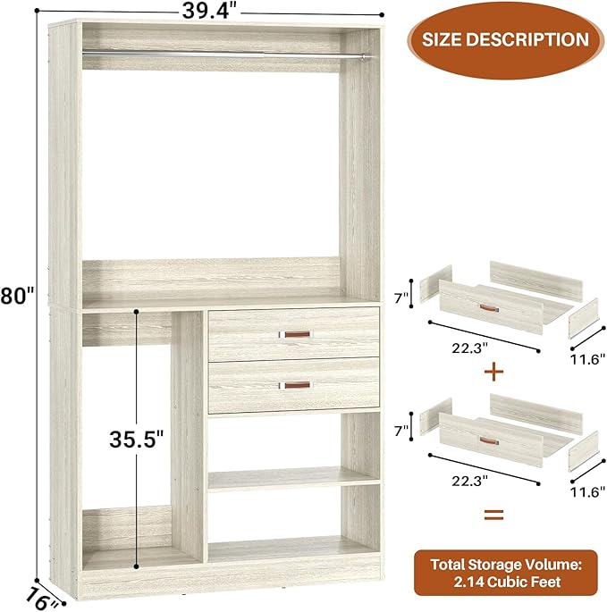 Armocity Freestanding Closet System with Suitcase Storage, 40 Inches Stand-Alone Wardrobe with 2 Wood Drawers, 80'' Height Adjustable Cloth Garment Rack, Walk-in Closet with Hanging Rod, White Oak