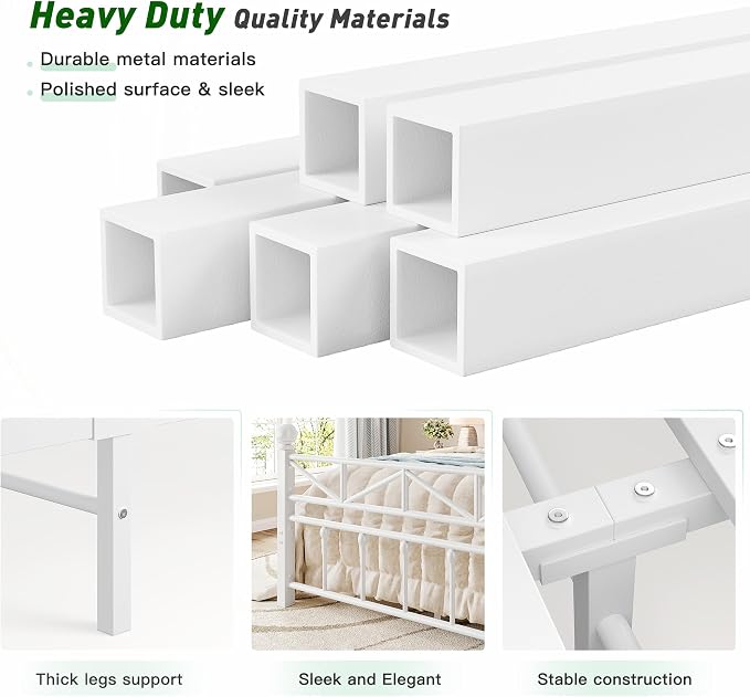 EnHomee 14.2" Metal Twin Bed Frames with Tall Headboard & Footboard, LED Light Twin Bed Frame, Strong Slats Support and Noise-Free Design with Under Bed Storage/No Box Spring Needed/White