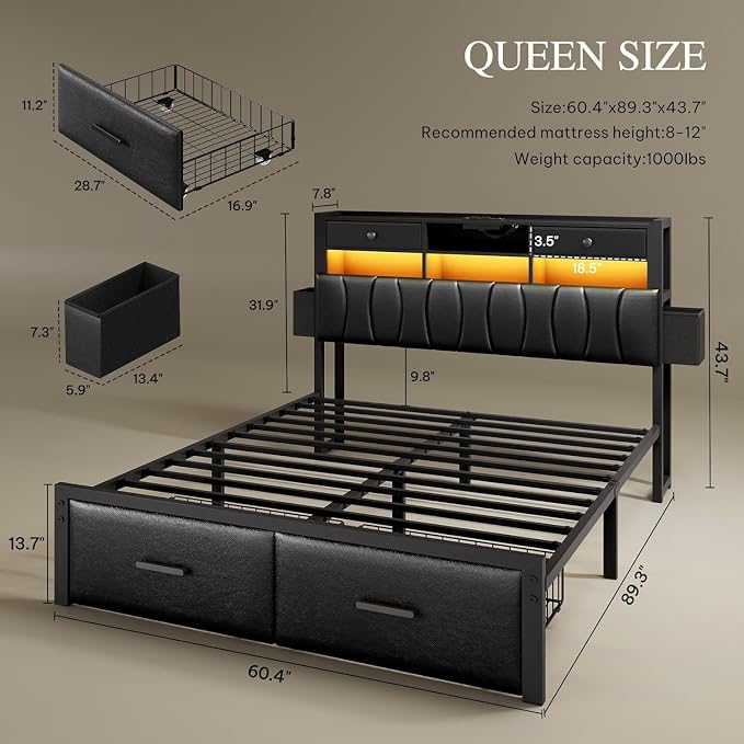 YITAHOME Queen Size with 2 Storage Drawers and Charging Station, Upholstered Bed with Storage Headboard and LED Light, Heavy Duty Metal Support, No Box Spring Needed, Noise Free, PU Leather Black