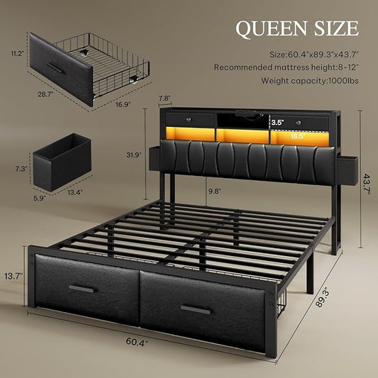 YITAHOME Queen Size with 2 Storage Drawers and Charging Station, Upholstered Bed with Storage Headboard and LED Light, Heavy Duty Metal Support, No Box Spring Needed, Noise Free, PU Leather Black