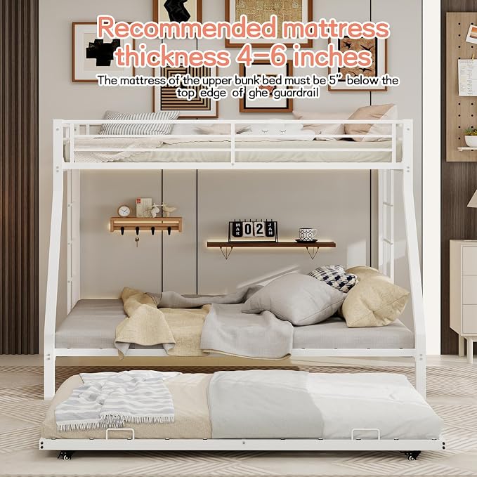 Metal Bunk Bed with Trundle, Space-Saving Bunk Bed Twin Over Full with Ladders and Safety Guardrail, Heavy Duty Twin Bed Frames, No Box Spring Needed and Noise Free(White)
