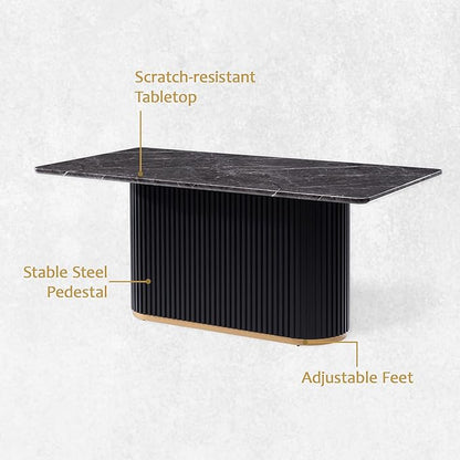Morden Fort Modern Dining Table for 6, 70" Faux Marble Dining Table with Black Fluted Base and Grey Rectangle Top for Ktichen, Reception and Conference