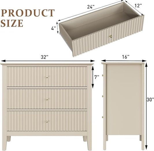 RoyalCraft Beige Fluted 3 Drawer Dresser, 32 inch Wide Dresser Nightstand for Bedroom, Modern Wood Chest of Drawers, Large Painted Nightstand with 3 Drawers for Closet, Hallway, Entryway