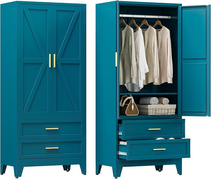 YAUWOH Farmhouse Wardrobe Cabinet with 2 Drawers,Metal Wardrobe Closet with Hanging Rod,Metal Armoire with Adjustable Shelves for Bedroom,Cloak Room,Office (Blue)