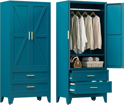 YAUWOH Farmhouse Wardrobe Cabinet with 2 Drawers,Metal Wardrobe Closet with Hanging Rod,Metal Armoire with Adjustable Shelves for Bedroom,Cloak Room,Office (Blue)