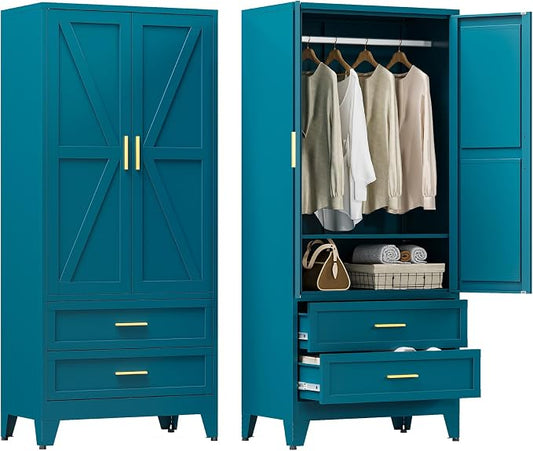 YAUWOH Farmhouse Wardrobe Cabinet with 2 Drawers,Metal Wardrobe Closet with Hanging Rod,Metal Armoire with Adjustable Shelves for Bedroom,Cloak Room,Office (Blue)