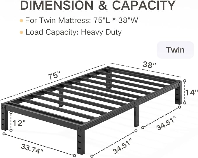 Twin Size Bed Frame 14" High Heavy Duty Platform Bed Frame,Sturdy Steel Frame,No Box Spring Needed,Noise-Free,Easy Assembly