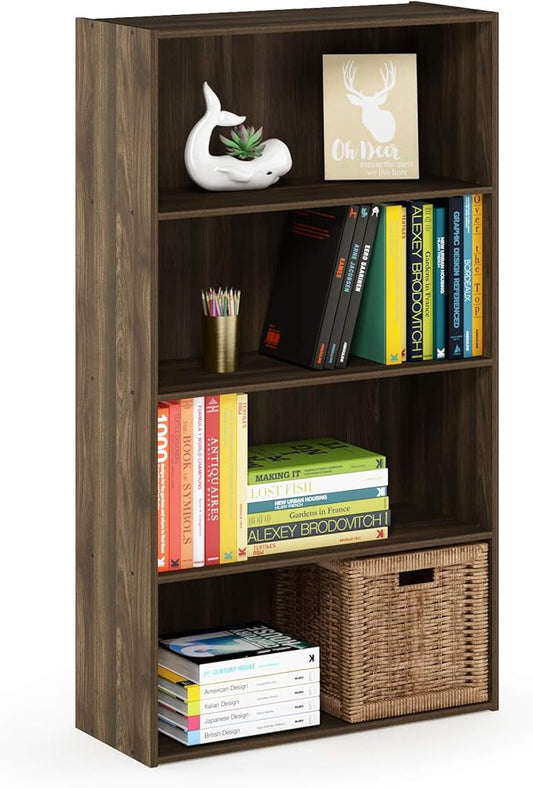 Furinno PASIR Book Shelf, 4-Tier Bookshelf, Bookcase with Open Shelf, 9.4 x 23.6 x 41.7, for Living Room, Bedroom, Home Office, Columbia Walnut