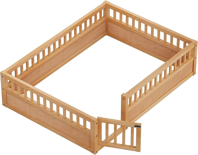 PVWIIK Full Size Floor Bed Frame with Convertible Door & Guardrails for Girls & Boys Bedroom,Montessori Bed/Near Ground Safety Design, No Box Spring Needed,Natural