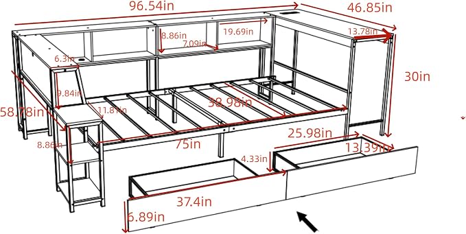 Bellemave Twin Size Corner Bed Frame with Storage Drawers, Bookcase and Side Desk, Twin Corner Bed with Light and Charging Station, Daybed for Bedroom, Living Room, Guest Room Black
