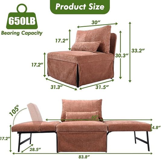 ZZW Sleeper Chair Bed Upgrade 4-in-1 to 5-in-1 Convertible Multi-fuction Sofa Chair w/Adjustable Backrest Assembly-Free Linen Folding Sofa Ottoman Bed for Living Room Apartment (Warm Brown)