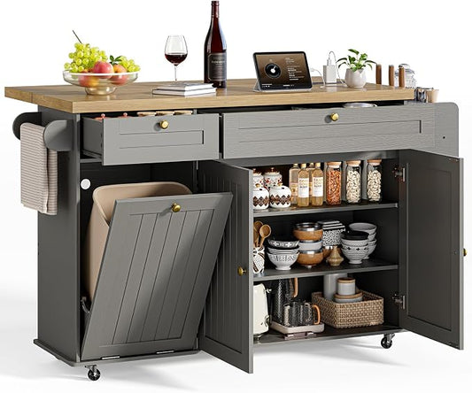 ONBRILL 60" Kitchen Island with Power Outlet & Drop Leaf, Rolling Island with Spice Rack & Towel Rack, Kitchen Island Cart with Trash Storage Cabinet, Island Table for Kitchen, Grey