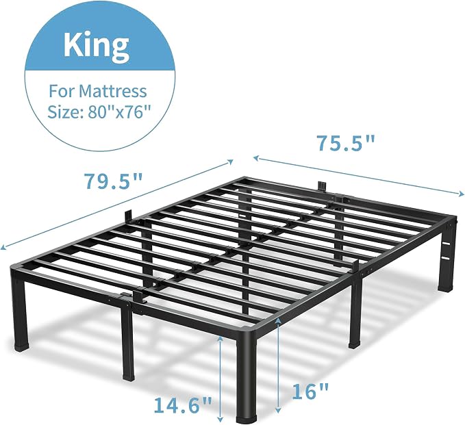 VIPSHOW 16 Inch King Size Bed Frame, 3500Lbs Heavy Duty Metal Platform with Round Corner Legs Mattress Slide Stopper, Steel Slat Support No Box Spring Needed, Noise Free, Non-Slip, Easy Assembly