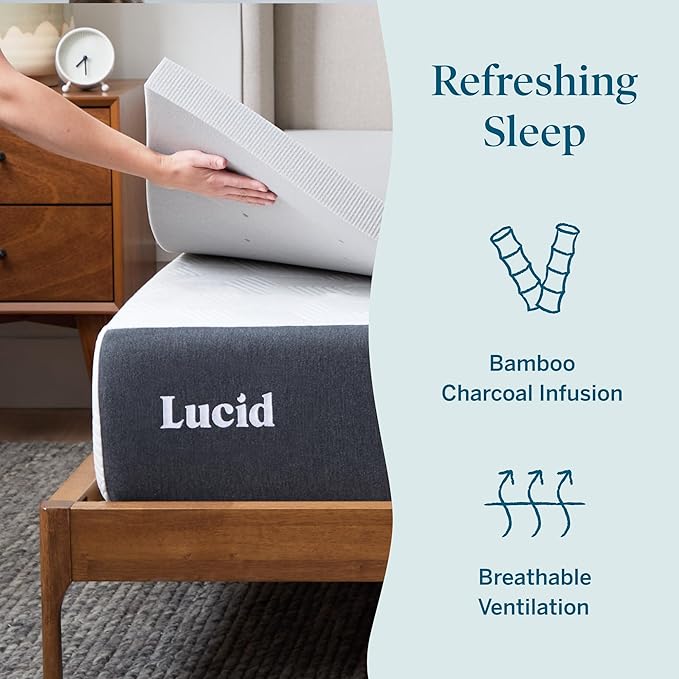 Lucid 2 Inch Bamboo Charcoal Infused Memory Foam Mattress Topper - Twin XL Size – Moisture and Odor Control - Ventilated - Plush Feel, Pressure-Relieving Bed Topper – CertiPur Certified