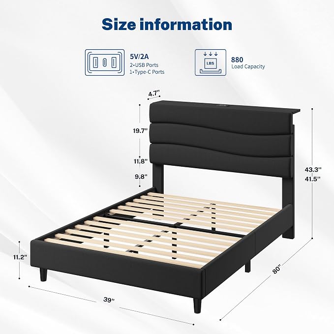 EnHomee Twin Size Bed Frame with Upholstered Headboard,Adjustable Height Platform Bed,Charging Station,No Box Spring Needed,Easy Assembly,Noise-Free Black