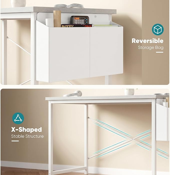 OLIXIS Computer Desk, 44 Inch Home Office Desks for Small Spaces, Writing Craft Study Gaming Table for Bedroom, Modern Computer Workstation with Storage Bag, All White