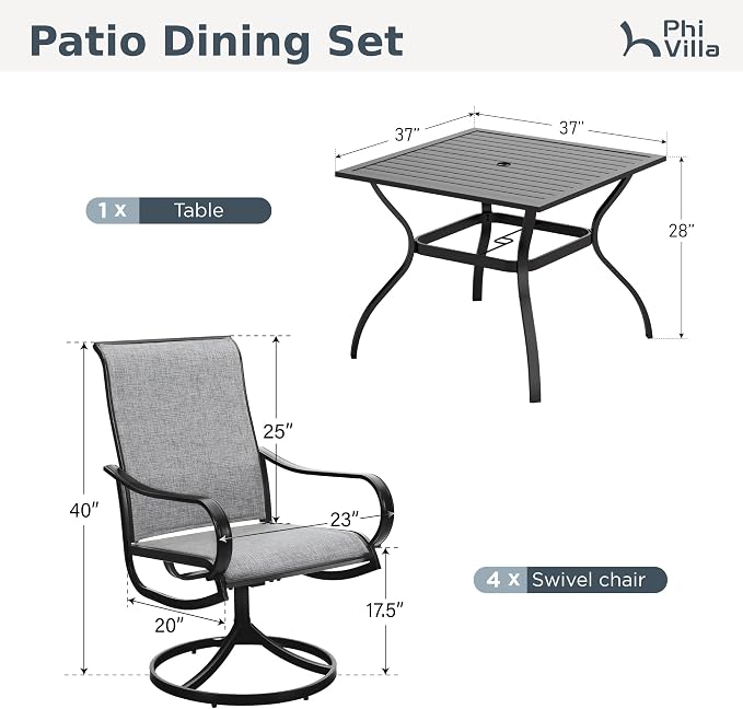 PHI VILLA 5 PCS Patio Dining Set with Outdoor Swivel Dining Chairs (Gray) and 37"x 37" Metal Steel Dining Table, All Weather Patio Dining Furniture Set for Poolside Deck Lawn Garden