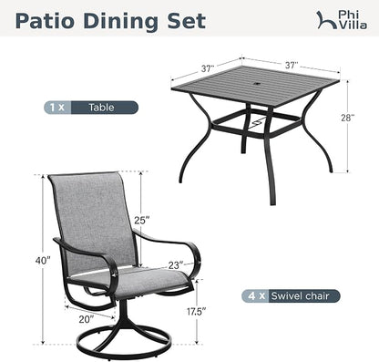 PHI VILLA 5 PCS Patio Dining Set with Outdoor Swivel Dining Chairs (Gray) and 37"x 37" Metal Steel Dining Table, All Weather Patio Dining Furniture Set for Poolside Deck Lawn Garden