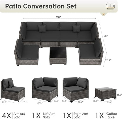 LHBcraft 7 Piece Patio Outdoor Furniture Set, Outdoor Sectional, All-Weather Hand-Woven Wicker Black Patio Sectional, Rattan Outside Furniture with Cushion and Glass Coffee Table