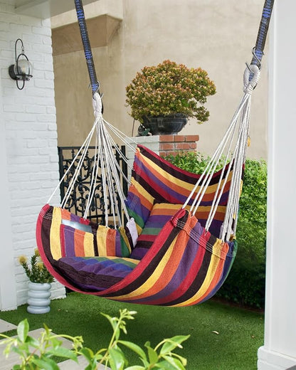 Halalona Hammock Chair Hanging Hammock Chair Rope Swing 2 Cushions Included-Sturdy & Durable Soft Cotton Hand Woven Hammock Swing for Bedroom, Porch, Patio-Indoor/Outdoor