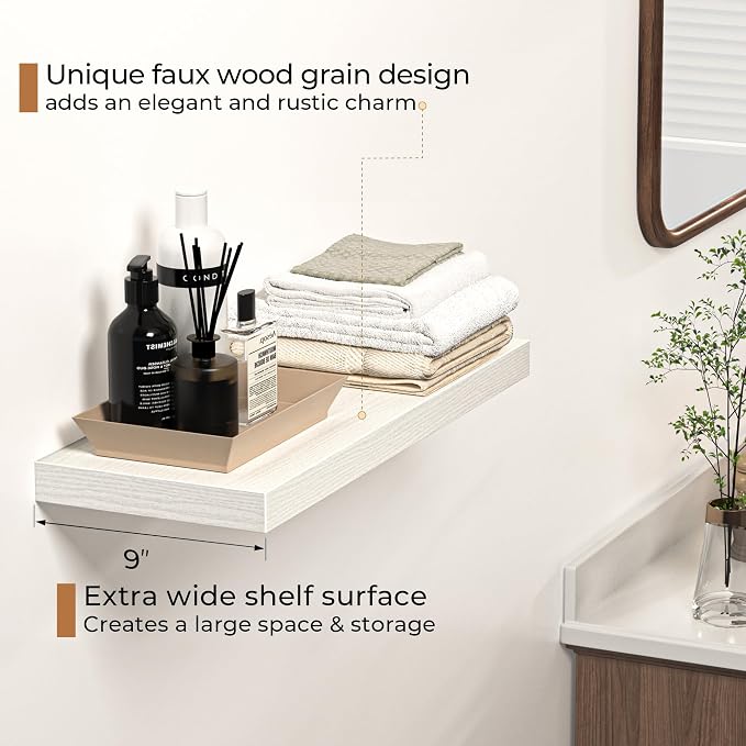 Floating Shelves - 24 Inch Rustic Wooden Wall Shelves - Extra Deeper & Thicker Wall Mounted Storage Shelf for Living Room, Kitchen, Farmhouse - 24" W x 9" D x 1.6"H - Rustic White, 2 Pack