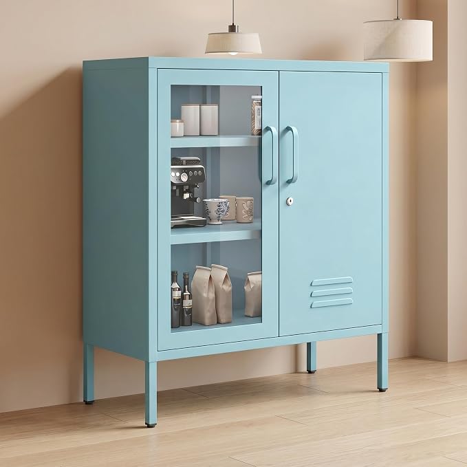 Locking Steel Storage Cabinet Shoe Cabinet for Living Room Bathroom Kitchen Left Glass Door Right Iron Door Blue Size：33" H x 29.5" W x 13.8" D