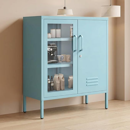 Locking Steel Storage Cabinet Shoe Cabinet for Living Room Bathroom Kitchen Left Glass Door Right Iron Door Blue Size：33" H x 29.5" W x 13.8" D