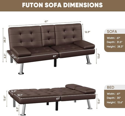 Homall Futon Sofa Bed, Leather Futon Couch with Removable Armrests, Adjustable Recliner Sleeper Sofa Bed with Dual Cup Holders for Living Room, Apartment, Office (Brown)