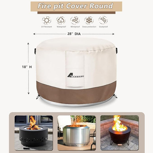 Fire Pit Cover for Solo Stove Bonfire,600D Tear-Resistant Heavy Duty Durable 100% Waterproof 27-29 Inch Smokeless Fire Pit Cover, Patio Weatherproof Gas Fire Pit, Beige 29"x18"