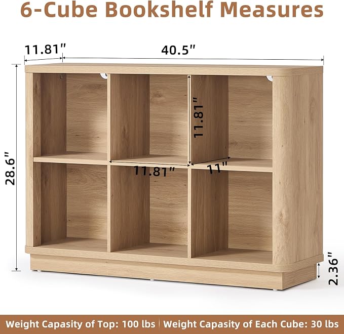 Joaxswe 6 Cube Storage Book Shelf, 40" Wide Low Horizontal Bookcase with Curved Edge, Floor Standing 2-Tier Wooden Bookshelf with Base, Modern Short Book Case for Bedroom, Study, Entryway, Natural Oak