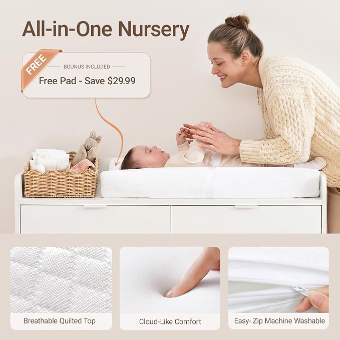 MAMAZING Keeva Pro 6-Drawer Baby Dresser with Changing Table, Easy Assembly | White Wooden Nursery Dresser, Anti-Tip Design & Adjustable Feet, Dresser for Bedroom, Kids & Toddler Storage, 44" Wide