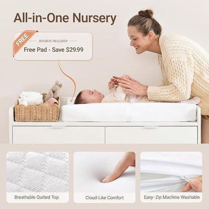 MAMAZING Keeva Pro 6-Drawer Baby Dresser with Changing Table, Easy Assembly | White Wooden Nursery Dresser, Anti-Tip Design & Adjustable Feet, Dresser for Bedroom, Kids & Toddler Storage, 44" Wide