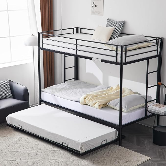 Karl home Bunk Bed Twin Over Twin Metal Bunk Bed with Trundle, 3-in-1 Triple Bunk Beds for Kids Teens & Adults, Safety Guard Rails, 2 Side Ladders, Black