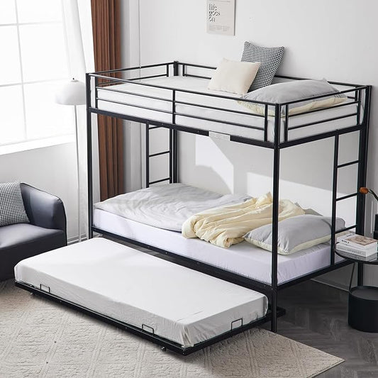 Karl home Bunk Bed Twin Over Twin Metal Bunk Bed with Trundle, 3-in-1 Triple Bunk Beds for Kids Teens & Adults, Safety Guard Rails, 2 Side Ladders, Black
