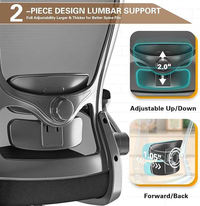 Ergonomic Office Chair for Long Hours, Padded Lumbar Support for Lower Back Relief, 330 lb Capacity, Comfortable Computer Desk Chair for Home Office, Computer & Study